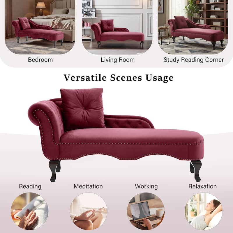 Christopher Knight Home - Bressi Modern Velvet Upholstered Chaise Lounge with Tufted Backrest, Nailhead Trim & Pillow