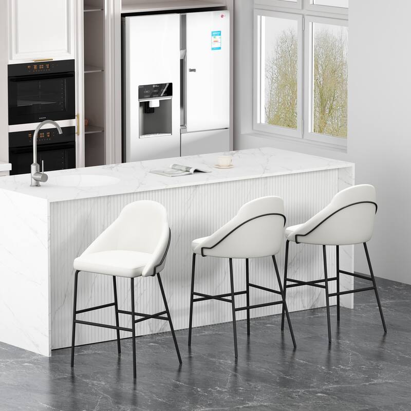 Manhattan Comfort Gracie Leatherette Counter Bar Stoool with Steel Legs - Set of 3 - White Black - Bar Height