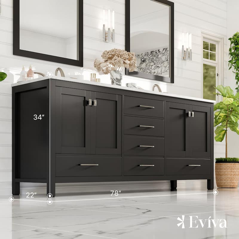 Eviva Aberdeen 78"W Espresso DS Bath Vanity with White Carrara Quartz Top