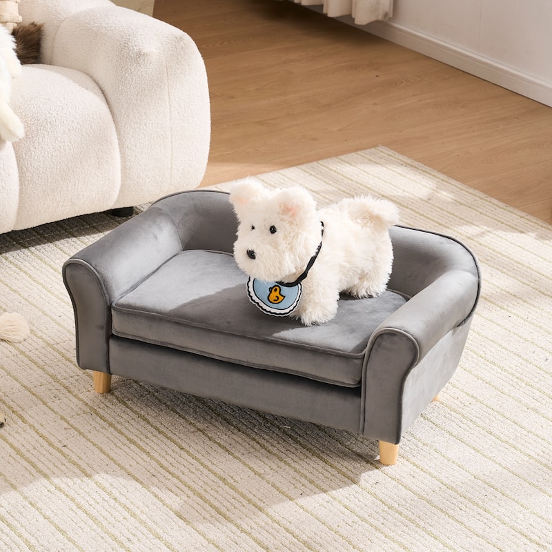 20.67" x 12" x 2.76" Pet Sofa Bed, Grey Velvet Cat Bed and Small Dog Couch with Rubberwood Legs