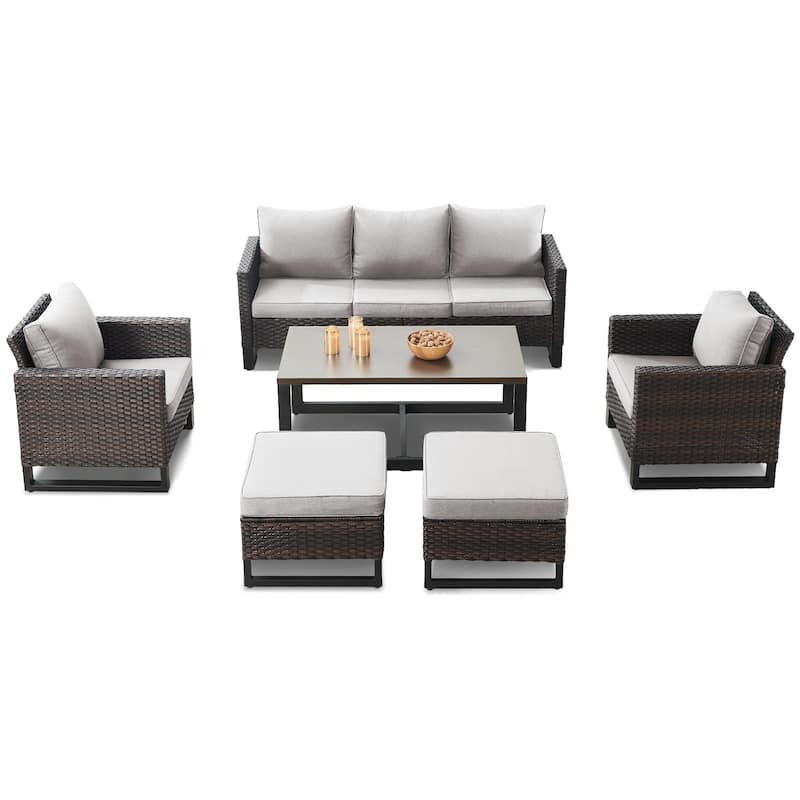 6 Piece Outdoor Sofa with Chair with Ottoman Set - Brown/Grey