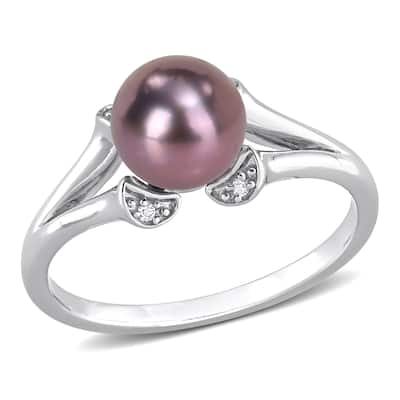 Miadora 7mm Black Cultured Freshwater Pearl White Topaz Split Shank Ring Sterling Silver