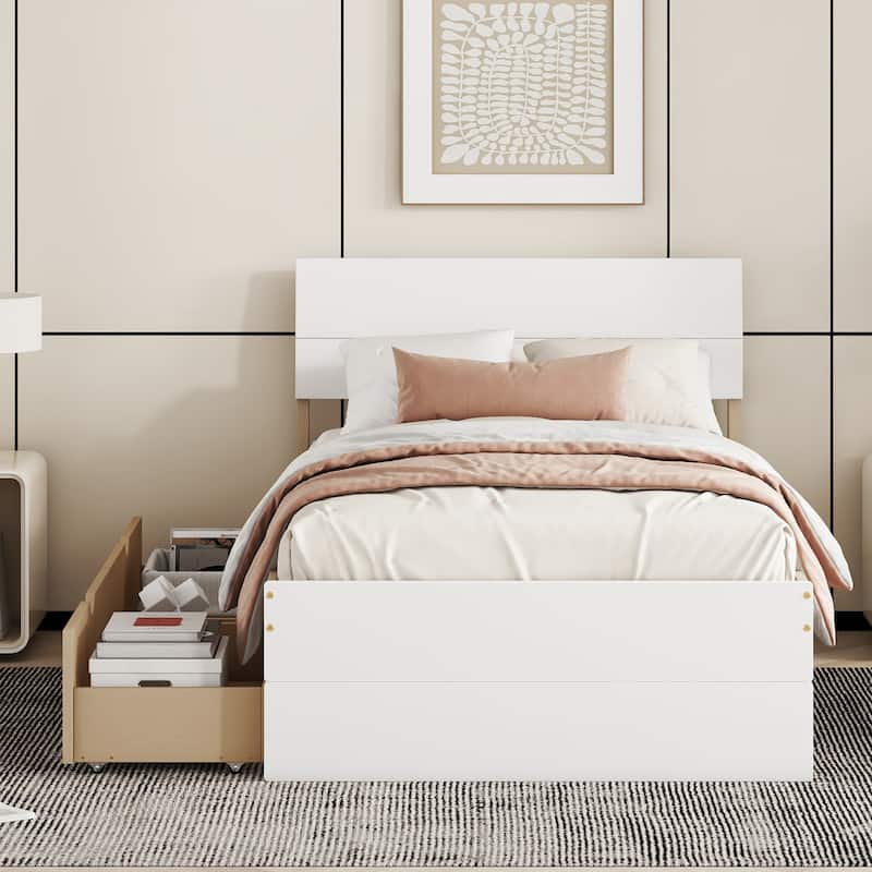 Modern Twin Size Platform Bed with 2 Drawers,High Gloss Headboard and Footboard