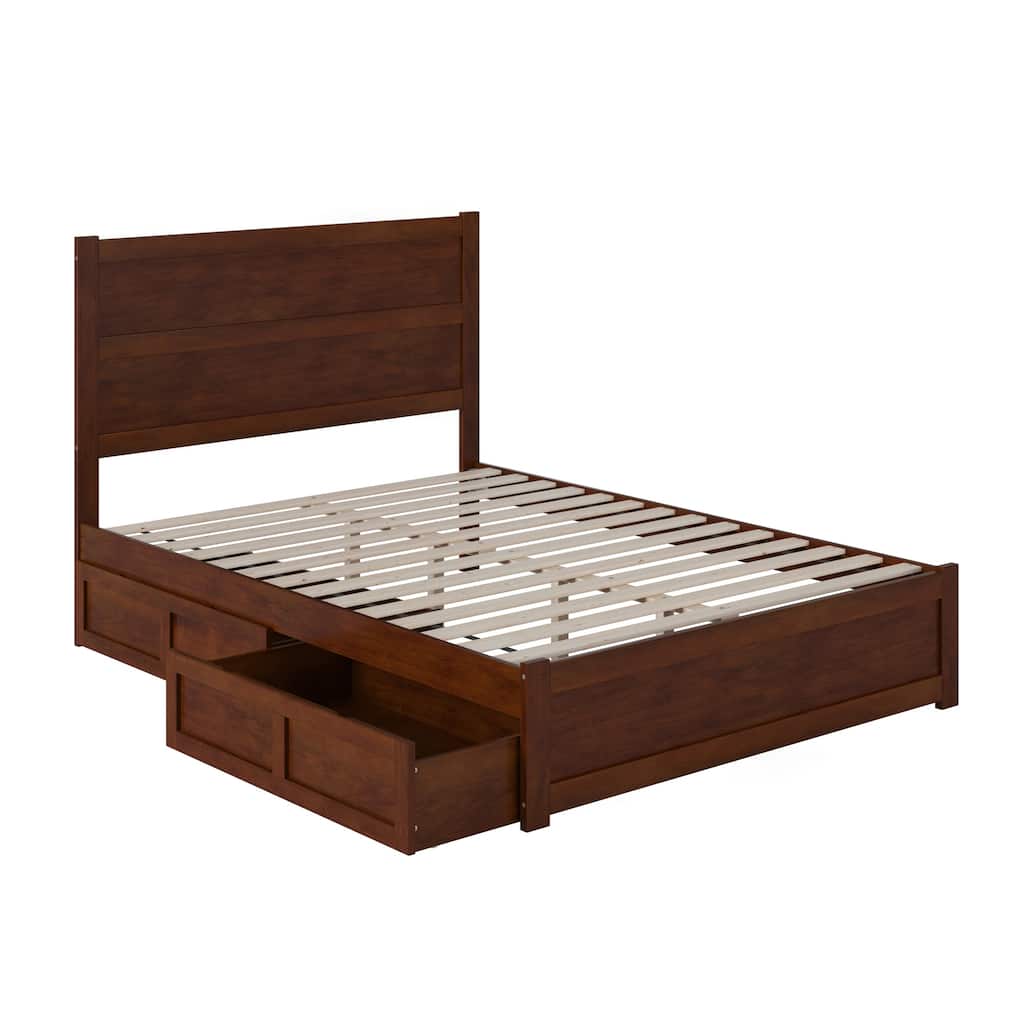 NoHo Queen Platform Bed with Matching Footboard & 2 Storage Drawers in Walnut