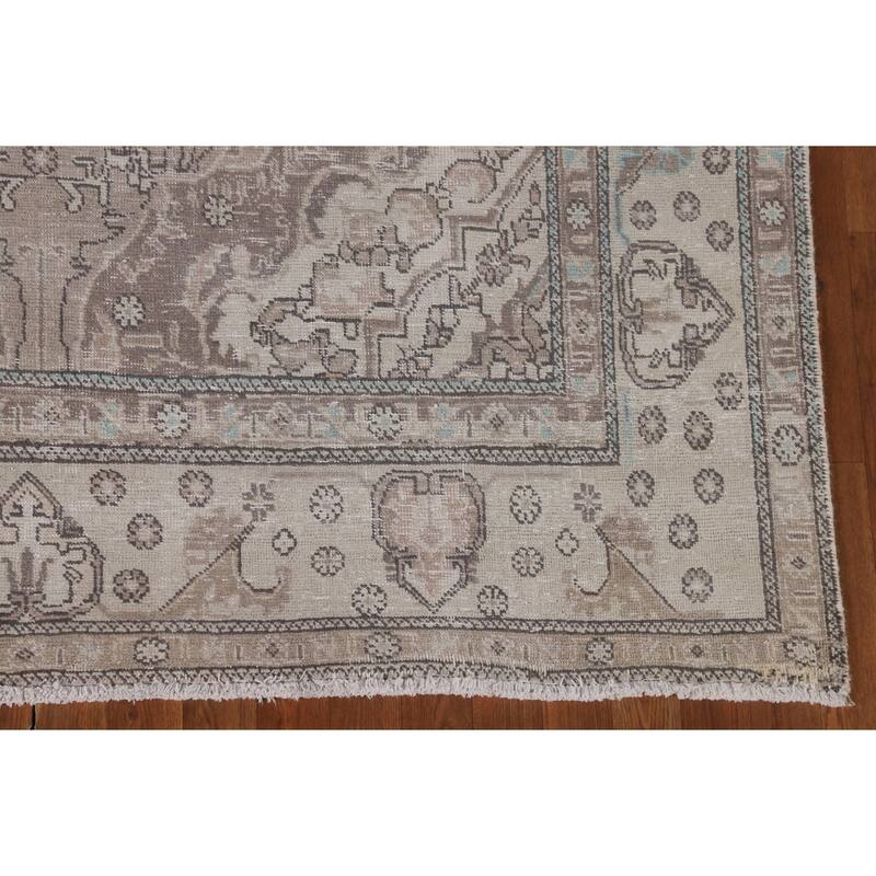 Distressed Tabriz Persian Vintage Rug Handmade Beige Wool Carpet - 6'6"x 9'8"