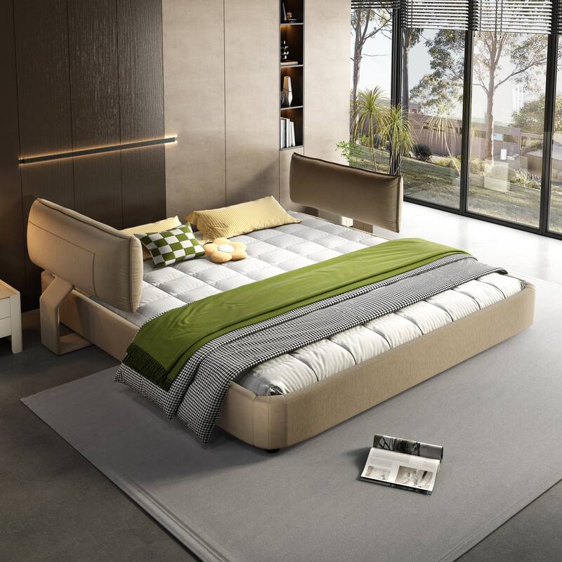 Low Profile King Size Cloud Bed Frame with Movable Headboard, Chenille Platform Bed with Metal/Solid Wood Slat Double Support