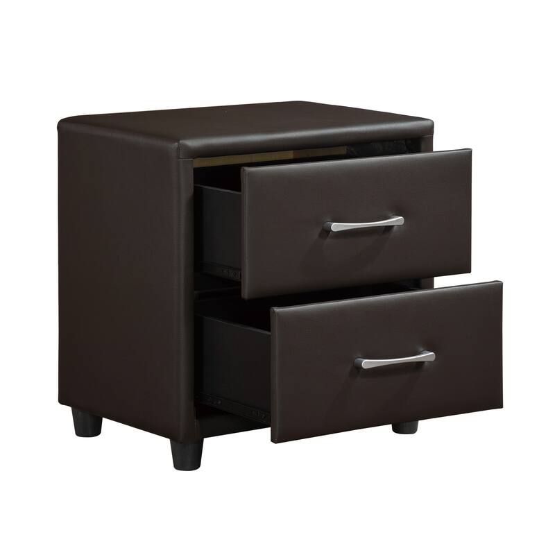 Contemporary 2-Drawer Nightstand with Silver Tone Bar Pulls and Faux Leather Upholstery