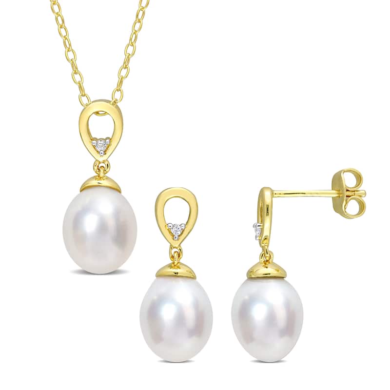 Miadora White Topaz And 8 - 9 Mm White South Sea Cultured Pearl Fashion Earrings & Pendant Set With Chain Yellow Silver