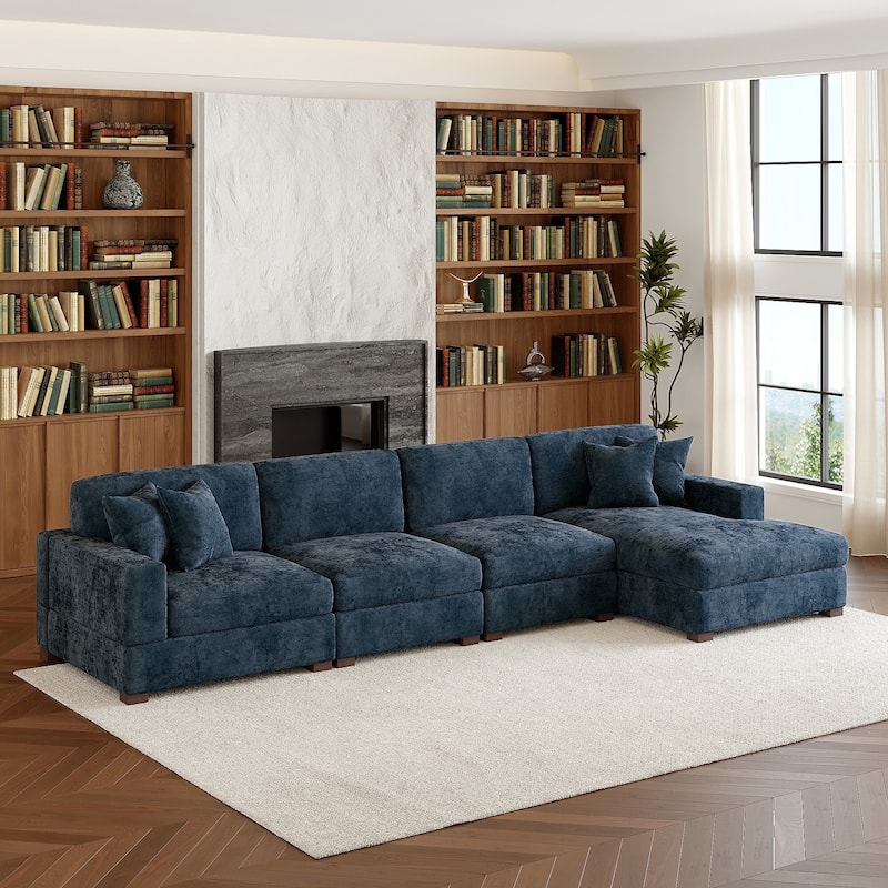 Modern Oversized Chenille Modular Sectional Sofa With Chaise - Blue/4 Piece - Right Facing