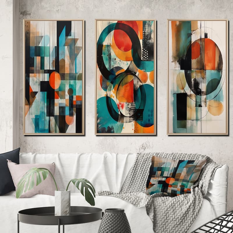 Designart "Orange Abstracted Geometric Explorations IV" Modern Geometric Framed Wall Art Set Of 3 For Office Decor - 38 in. wide x 28 in. high - 3 Panels - Maple