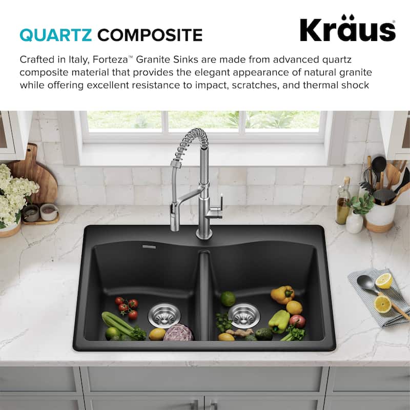 KRAUS Forteza Granite 33 inch 50/50 Undermount Drop-in Kitchen Sink