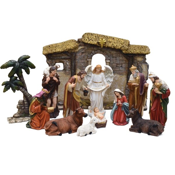 11-Piece Multi-Color Traditional Religious Christmas Nativity Set with Stable 32"