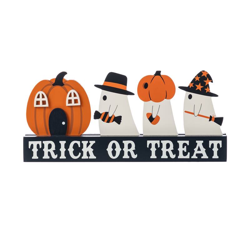 Glitzhome Halloween Wooden Table Decor Trick or Treat Pumpkin Ghosts Sign Gifts - Black/White
