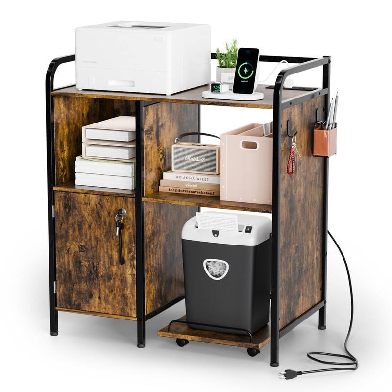 Cabinet with Rolling Cart Printer Stand Brown P2 Particleboard 31.5x17.7x35.4 inches