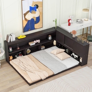 Full Floor Bed with L-shaped Bookcases, sliding doors, without slats for Small Space, Living Room, Apartment