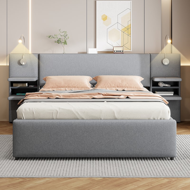 Queen Size Upholstered Platform Bed with Drawers Trundle Flip-up Storage Headboard Side Storage Racks Reading Lights Linen