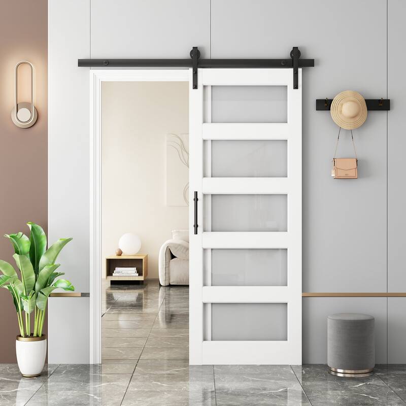 84''H 5 Lite Tempered Frosted Glass Interior Sliding Barn Door With Hardware Kit
