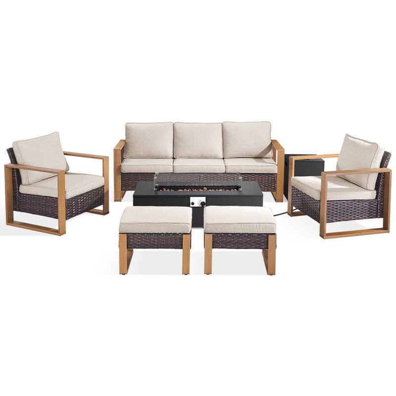 Meyreso Wicker Patio Conversation Set with Metal Fire Pit Table & 4.5-Inch Olefin Cushions