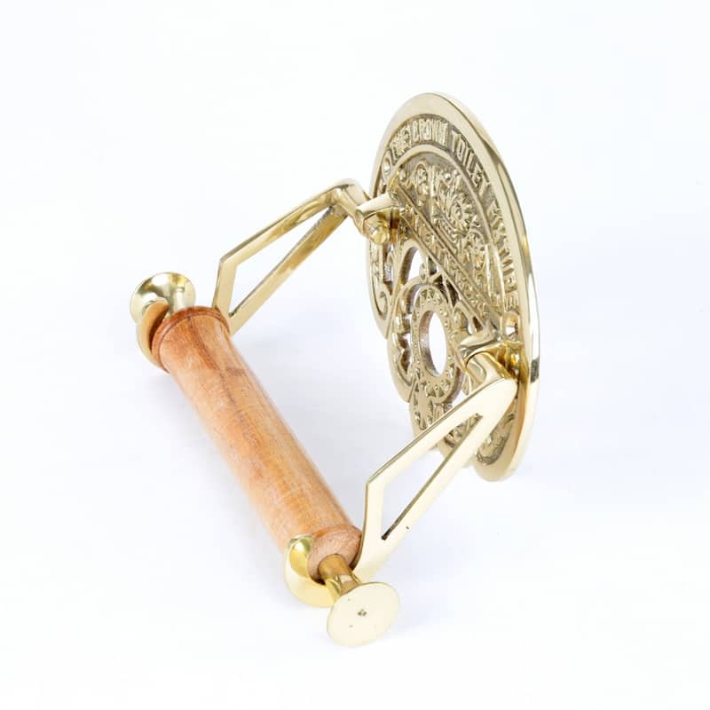Toilet Paper Holder Wall Mount Brass 7.25" Vintage Crown Style with Wooden Roll - Gold