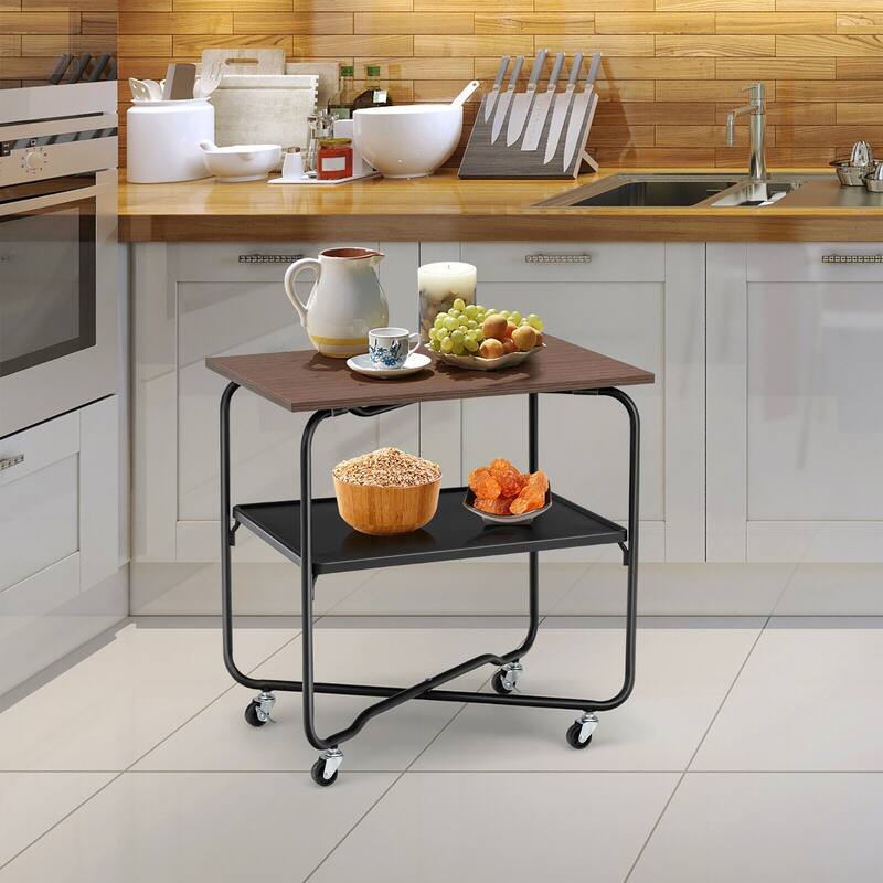 Gymax 2-Tier Folding Rolling Cart Kitchen Utility Cart Tool-Free