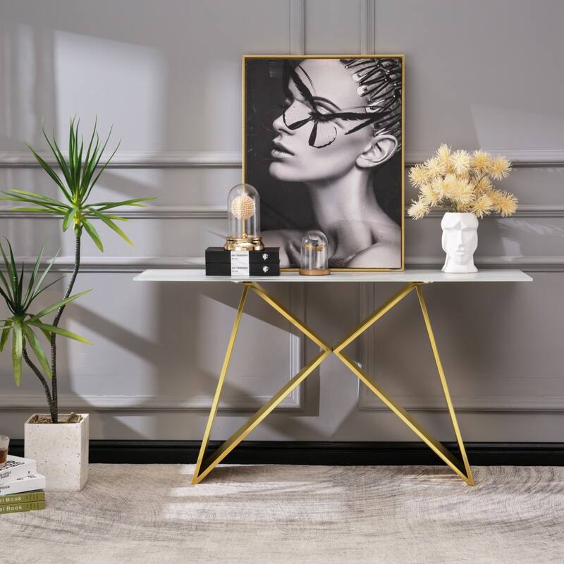 White Tempered Glass Sofa Console Table with Mirrored M Shape Base - Gold