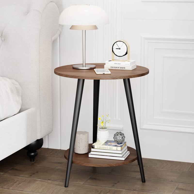 Round End Table Modern White Side Table for Living Room Bedroom Nightstand Accent Table with 2-Tier Faux Marble Wood Top