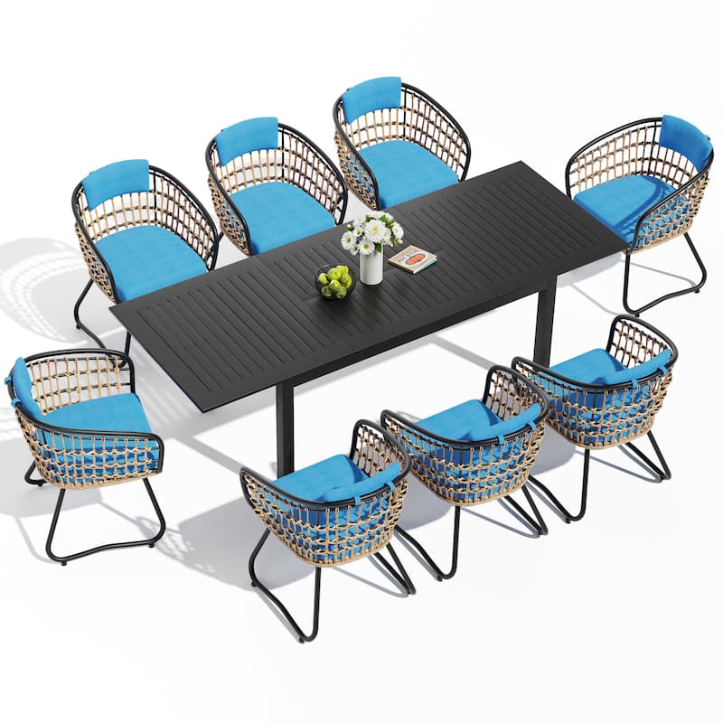 9-Piece Outdoor Dining Set Expandable Aluminum Dining Table Rectangular with PE Rattan Chairs