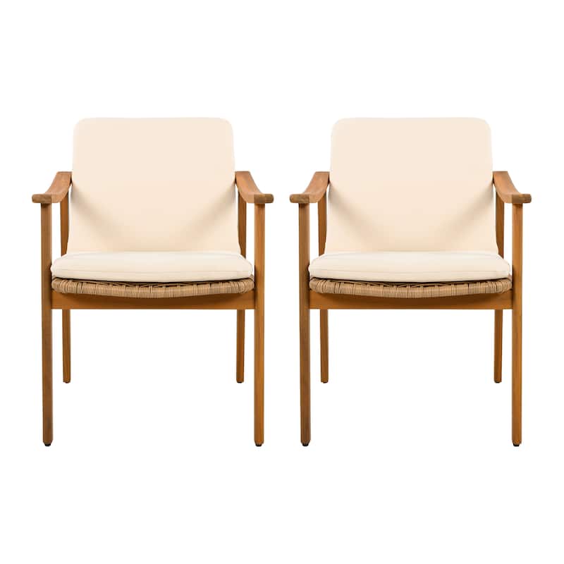 Outdoor Dining Chairs Set Of 2,Teak Color Acacia Wood Frame,Pe Wicker,Waterproof Cushion,Ideal For Patios,Gardens