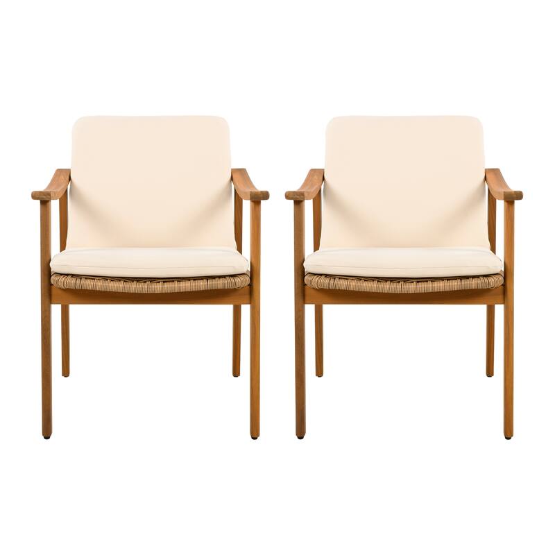Outdoor Dining Chairs Set of 2, Teak Color Acacia Wood Frame, Brown PE Wicker, Beige Waterproof Cushion