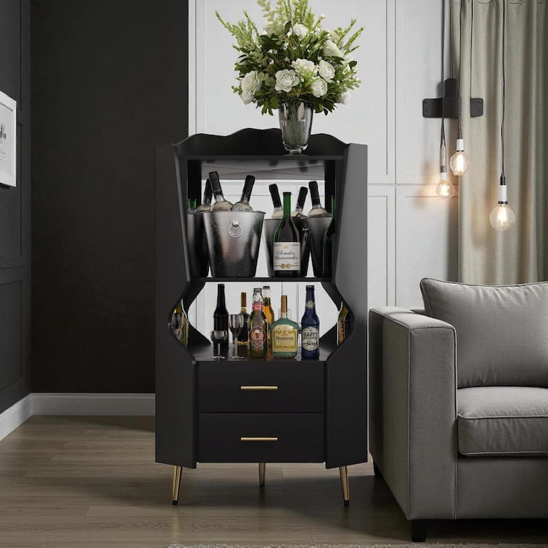 Modern Wooden Corner Bar Cabinet with Mirrored Back, 2 Drawers and Open Shelves, Buffet Sideboard for Dining or Living Room