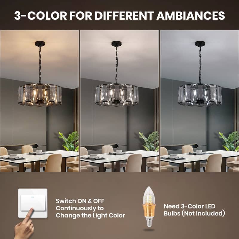 20 In. Black Modern Drum Chandelier 6-Light Crystal Farmhouse 3-Tier Pendant Lighting For Kitchen Dining Room