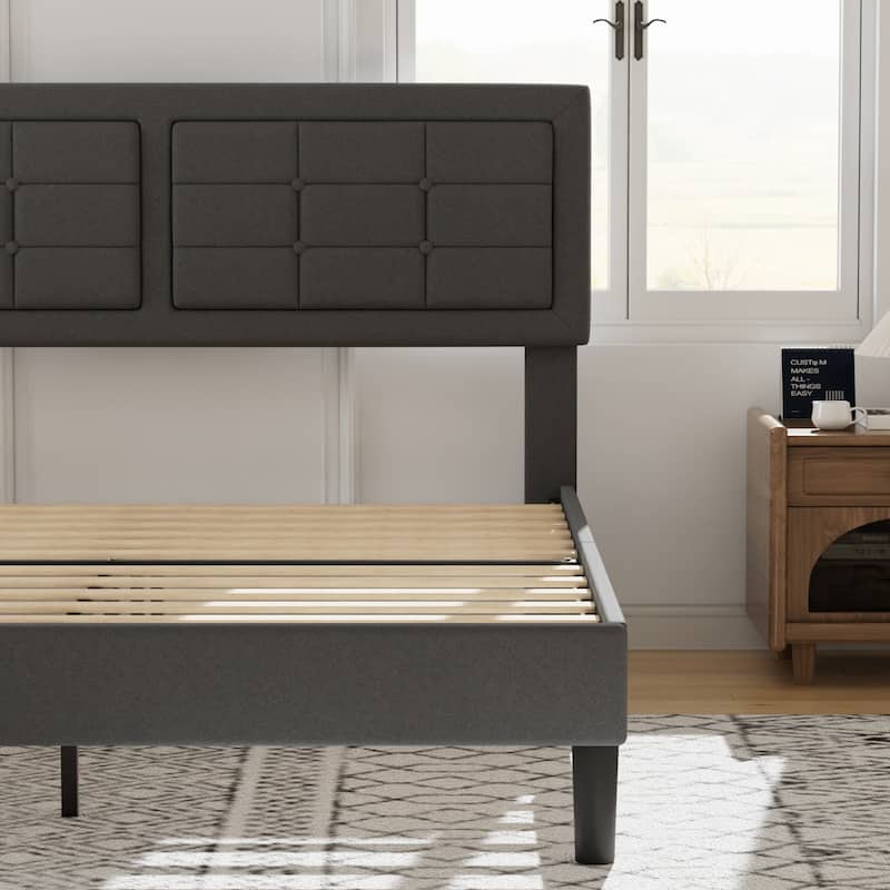 VECELO Bed Frame with Adjustable Headboard Upholstered Button Tufted Platform Bedframe with Wood Slats Support