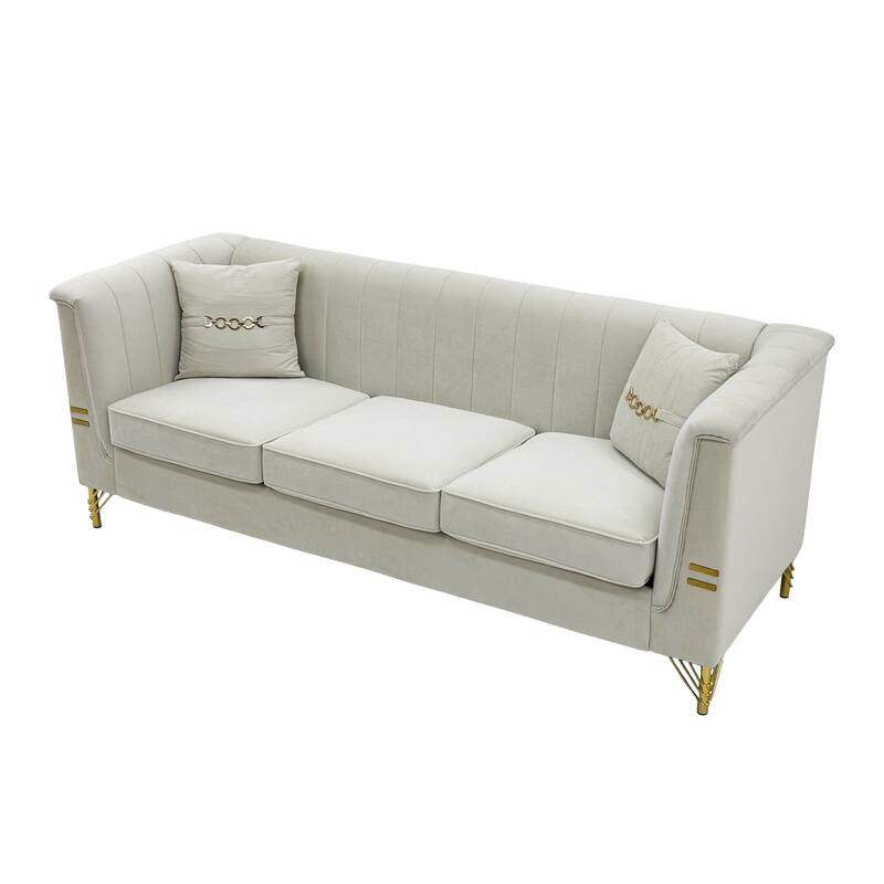 Chesterfield Velvet Button Tufted Sofa, Luxury 3-Seater Couch with 2 Pillows