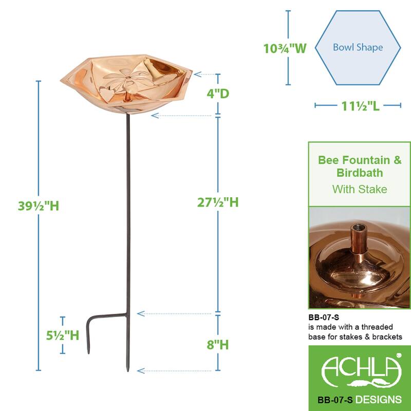 Achla Designs Hexagonal Copper Bee Fountain & Birdbath w/Stake, 40 Inch Tall, Copper Plated Finish