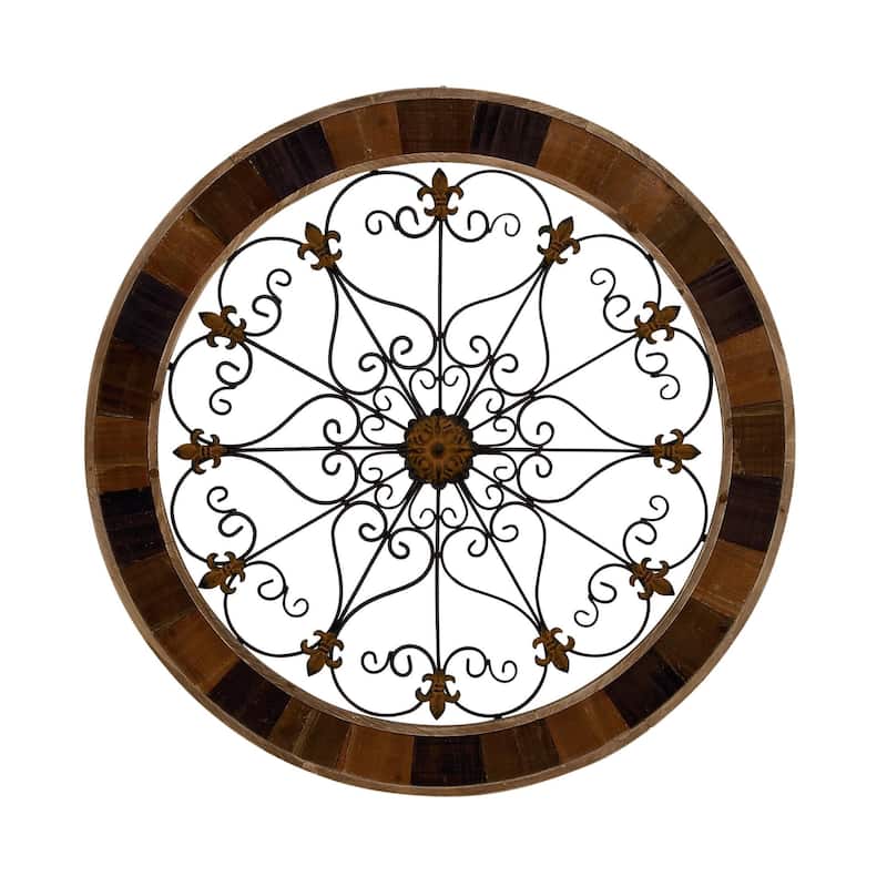 Wood Scroll Medallion Home Wall Decor with Metal Fleur-De-Lis Detail - Brown - Roche River Decor - Brown