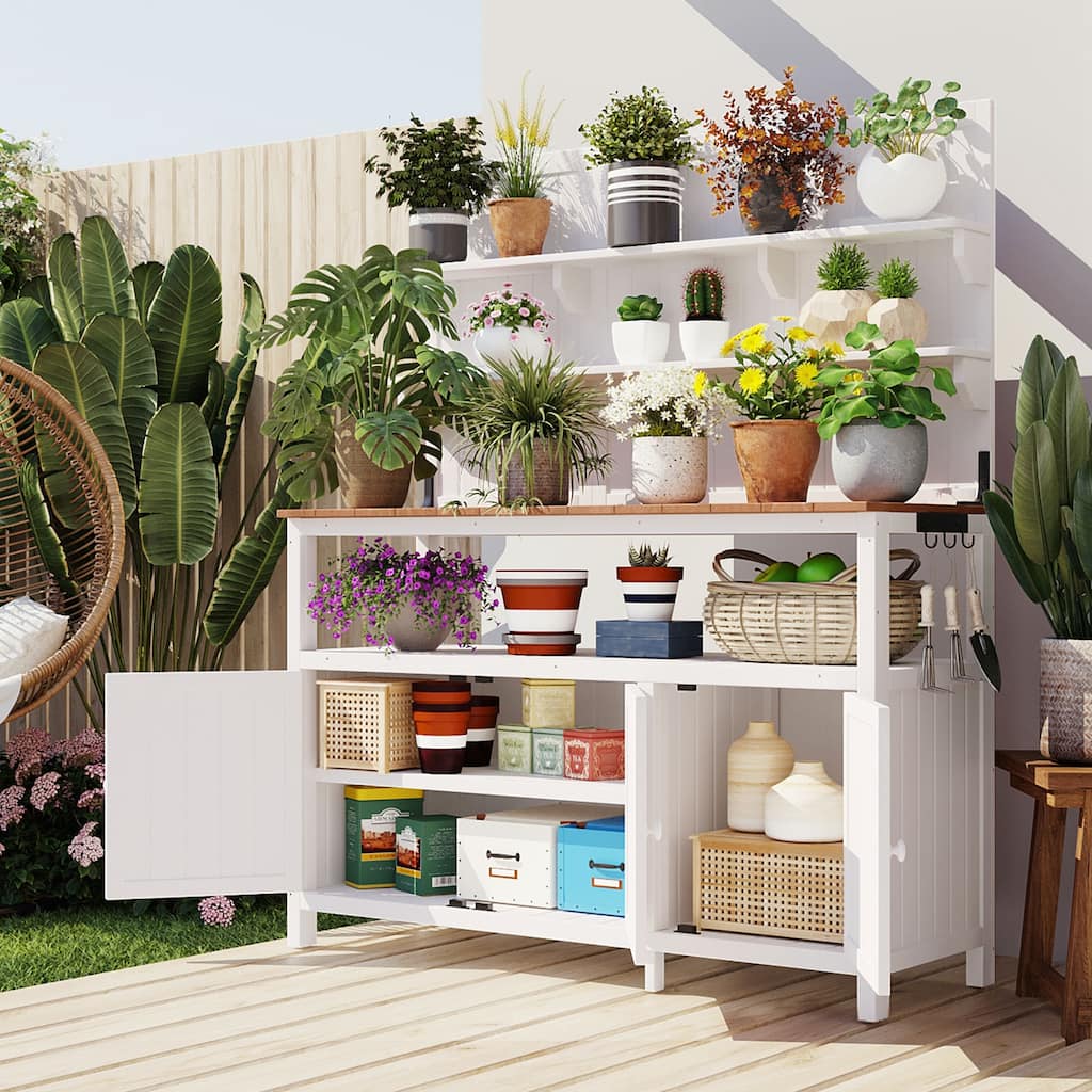 Potting Bench with Hutch, 50.2" Solid Fir Wood Garden Workstation, 2 Shelves, 2 Cabinets, 3 Side Hooks, Outdoor Planting Table