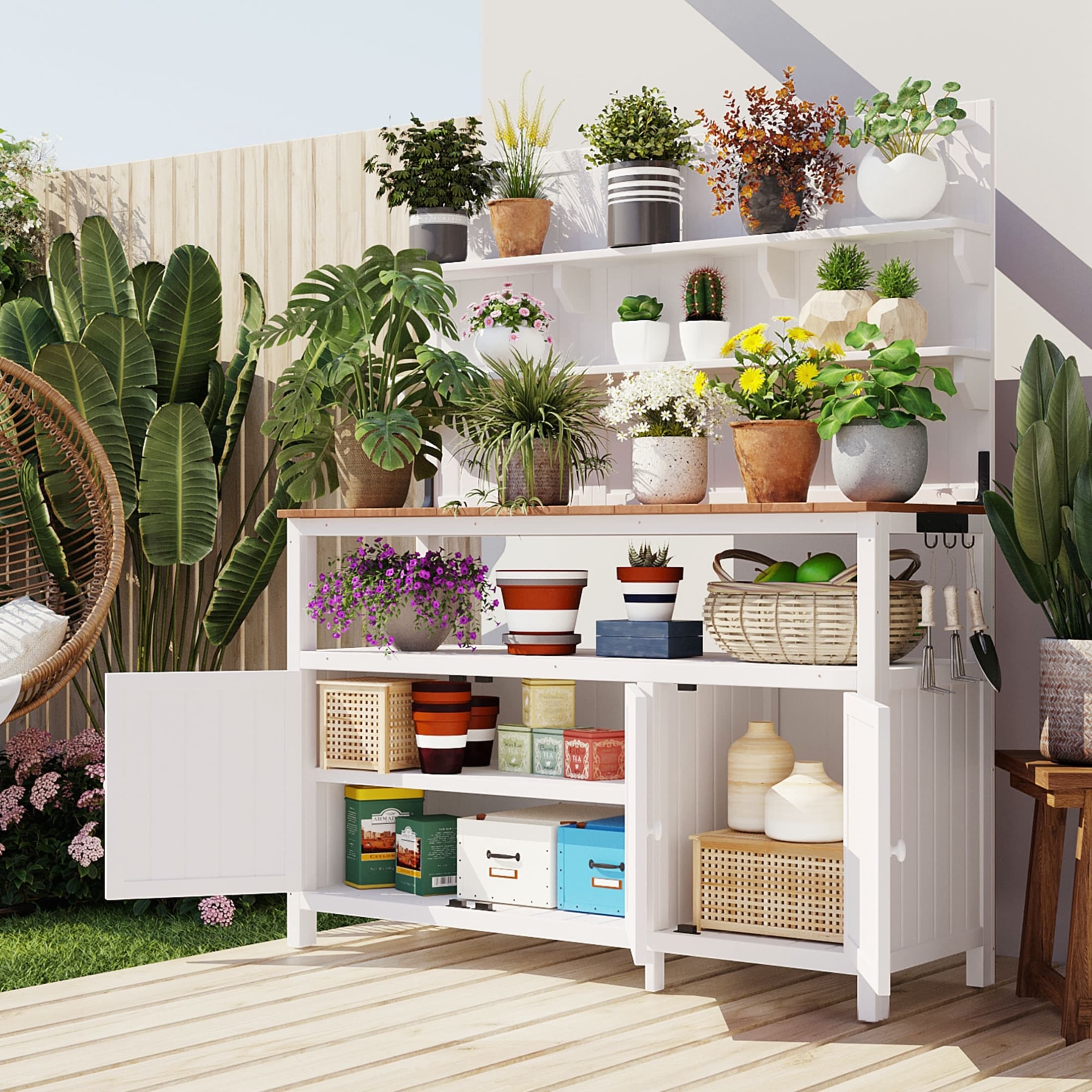 Potting Bench with Hutch, 50.2" Solid Fir Wood Garden Workstation, 2 Shelves, 2 Cabinets, 3 Side Hooks, Outdoor Planting Table