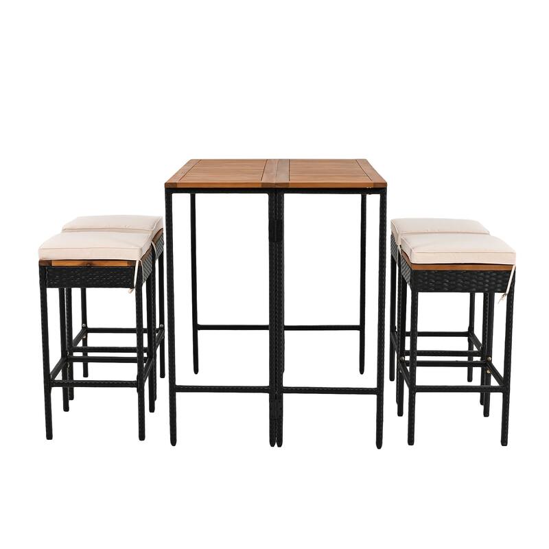 5-Piece Outdoor Patio Counter Height Foldable Dining Set with 4 Cushioned Stools, Acacia Wood Foldable Table