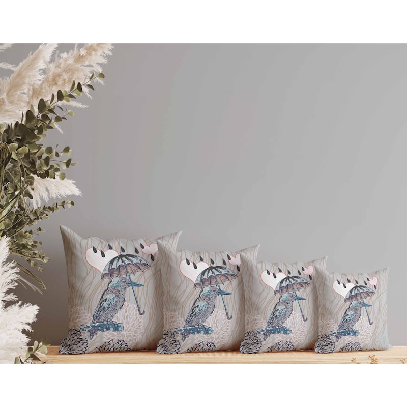 Bird with Umbrella Indoor/Outdoor Reversible Throw Pillow Silver and Brown