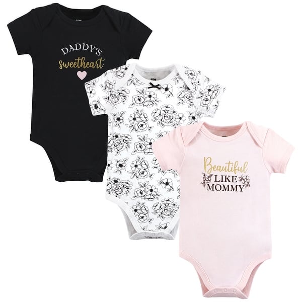 slide 1 of 1, Hudson Baby Infant Girl Cotton Bodysuits, Mom Dad Toile 0-3 Months - Mom Dad Toile