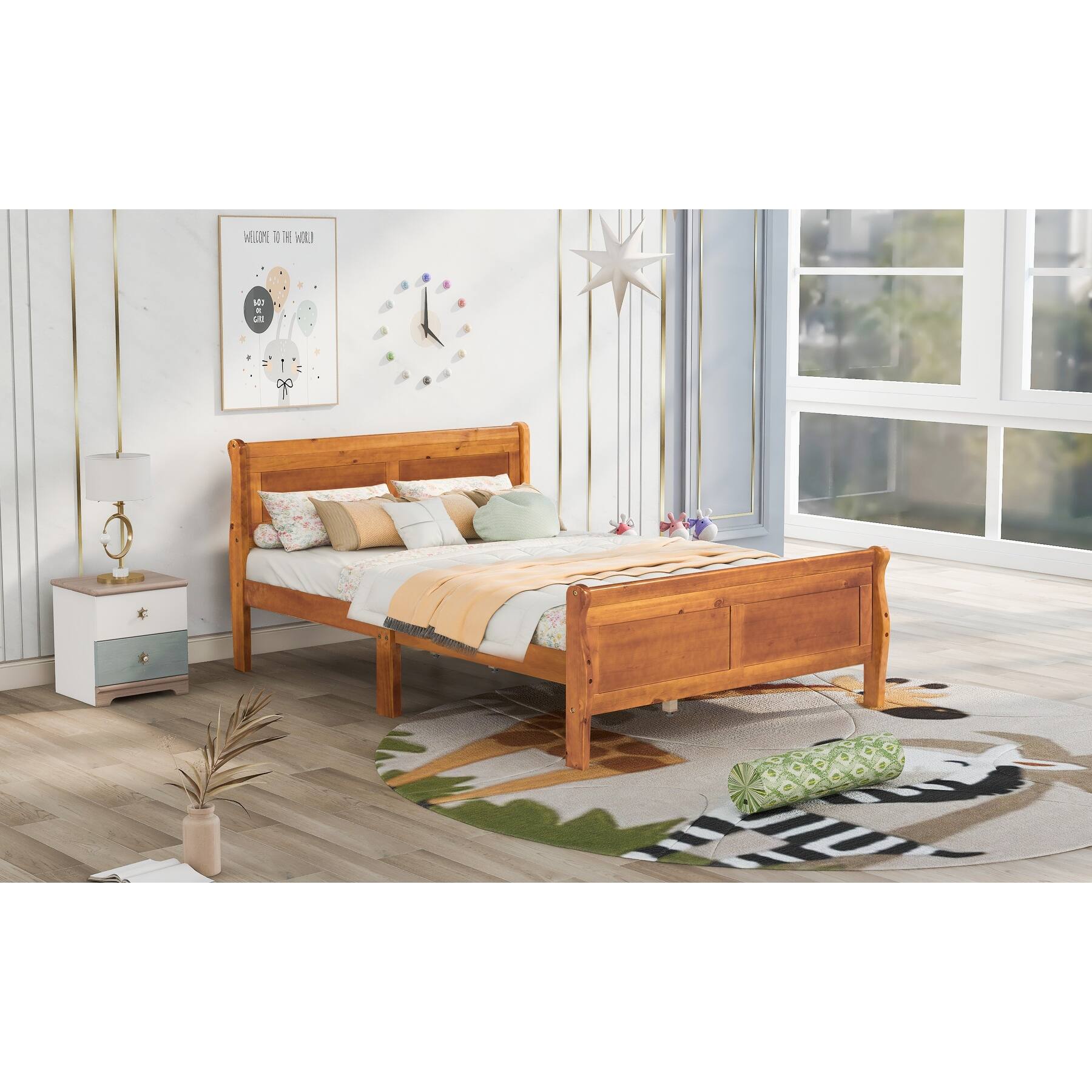 Easy Assemble Full Wood Platform Sleigh Bed Frame with Headboard for
