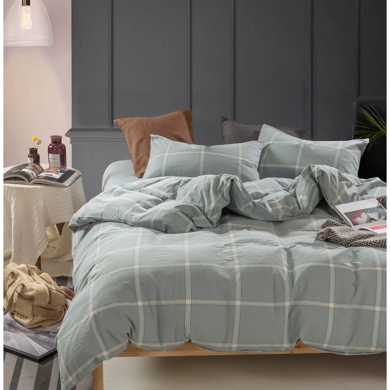 Cotton Plaid Windowpane Check 3-piece Duvet Cover Set - Windowpane Blue - Queen