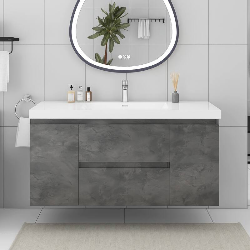 Floating Bathroom Vanity Integrated White Resin Sink - Stone Grey - 48'' x 19.1'' x 21.7''