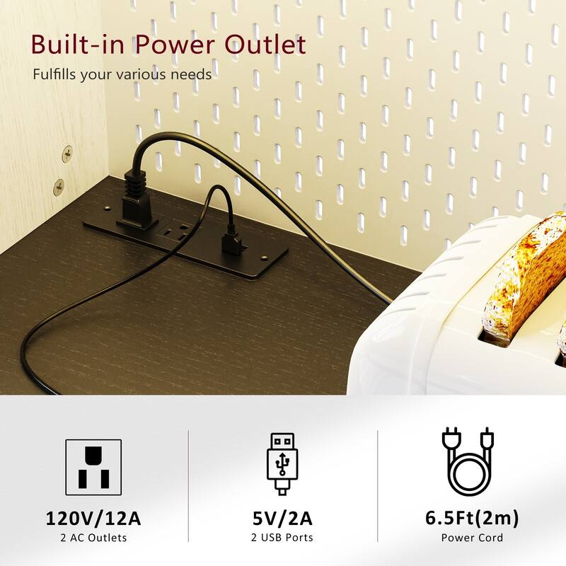 47.25'' Farmhosue Pantry Bar Cabinet in White Oak with Hutch,Power Outlet,Pegboard,Wine & Glasses Rack and 3 Drawers