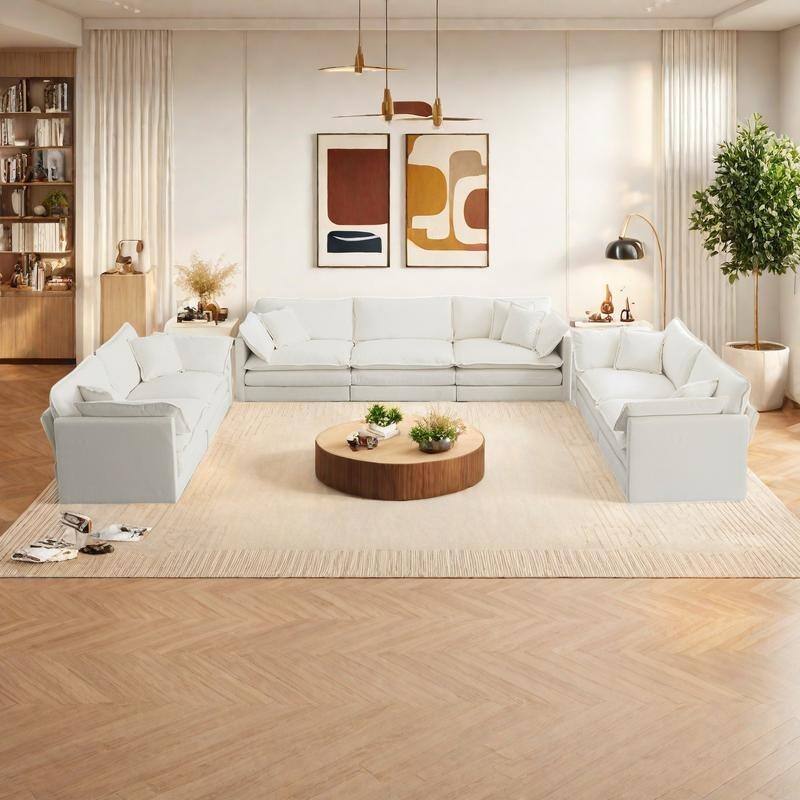 7-Seat Chenille Sectional Sofa Set (3-Seater + Two 2-Seaters) with Deep Seats & Solid Wood Frame - White