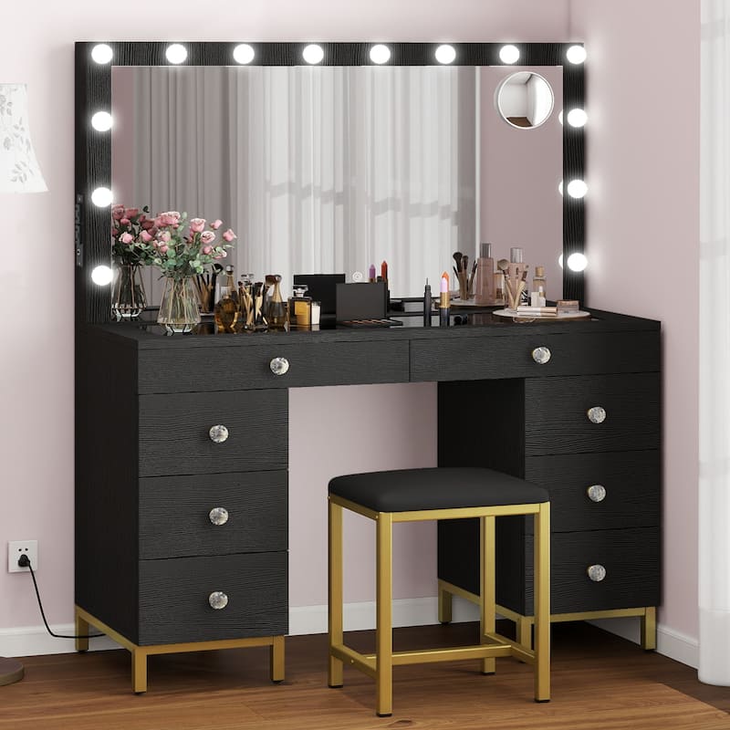 Moasis 8 Drawers Makeup Vanity Desk with Hollywood Lighted Mirror & Charging Station - Black