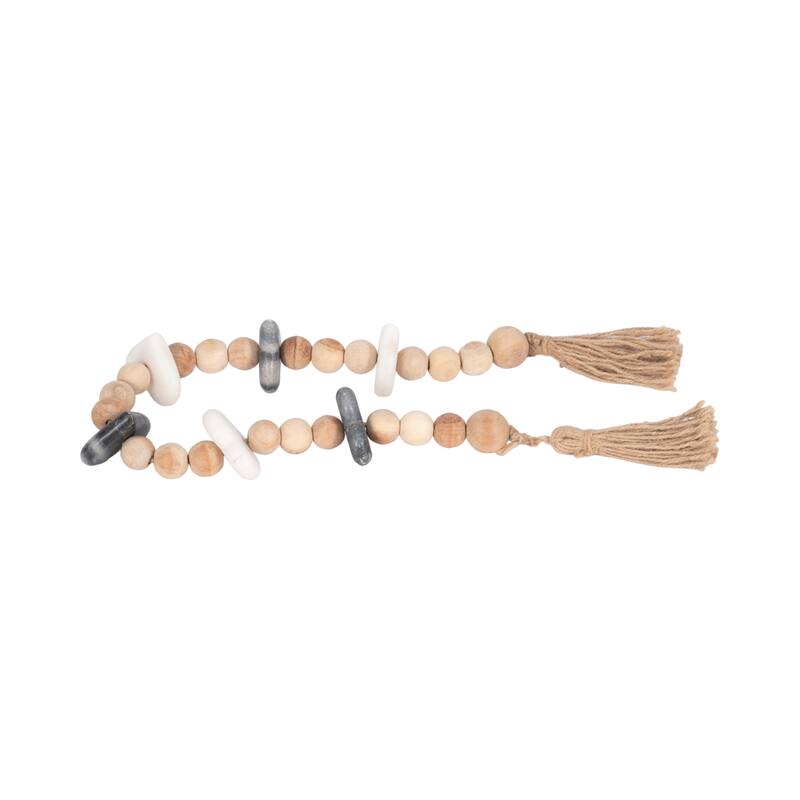 Decorative Acacia Wood Beaded Garland with Marble Heart Accents