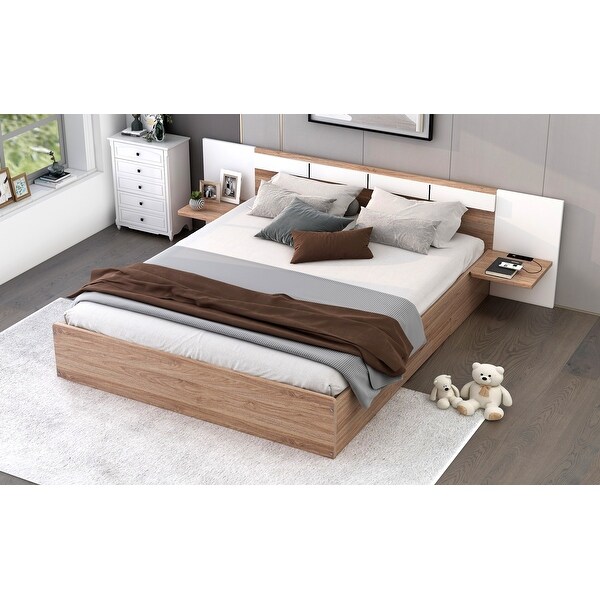 Queen Bed Frame with 2 Storage Drawers, Shelves and Long Headboard