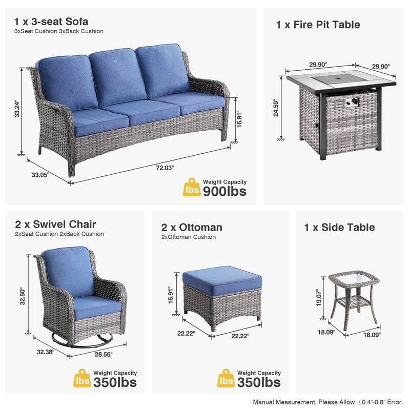 OVIOS 7-piece Patio Swivel Chair Set with 30" Fire Pit