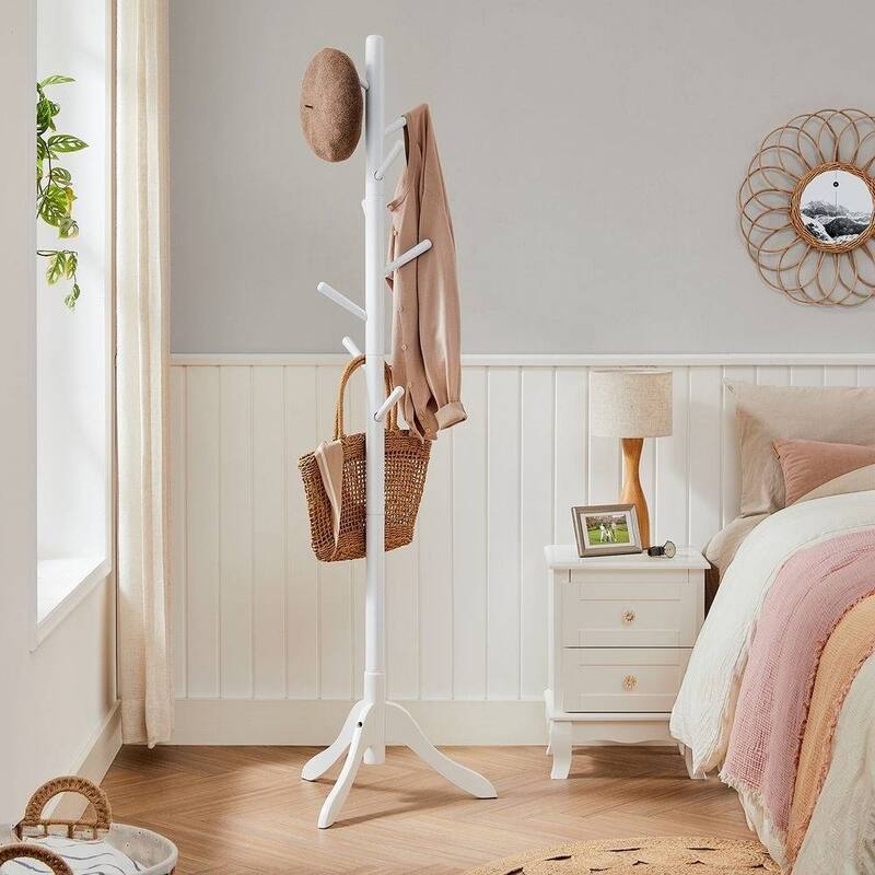 Solid Wood Modern Coat Rack, 8 Hooks, 53 lb Capacity, Adjustable 3-Section Design with Triangular Base